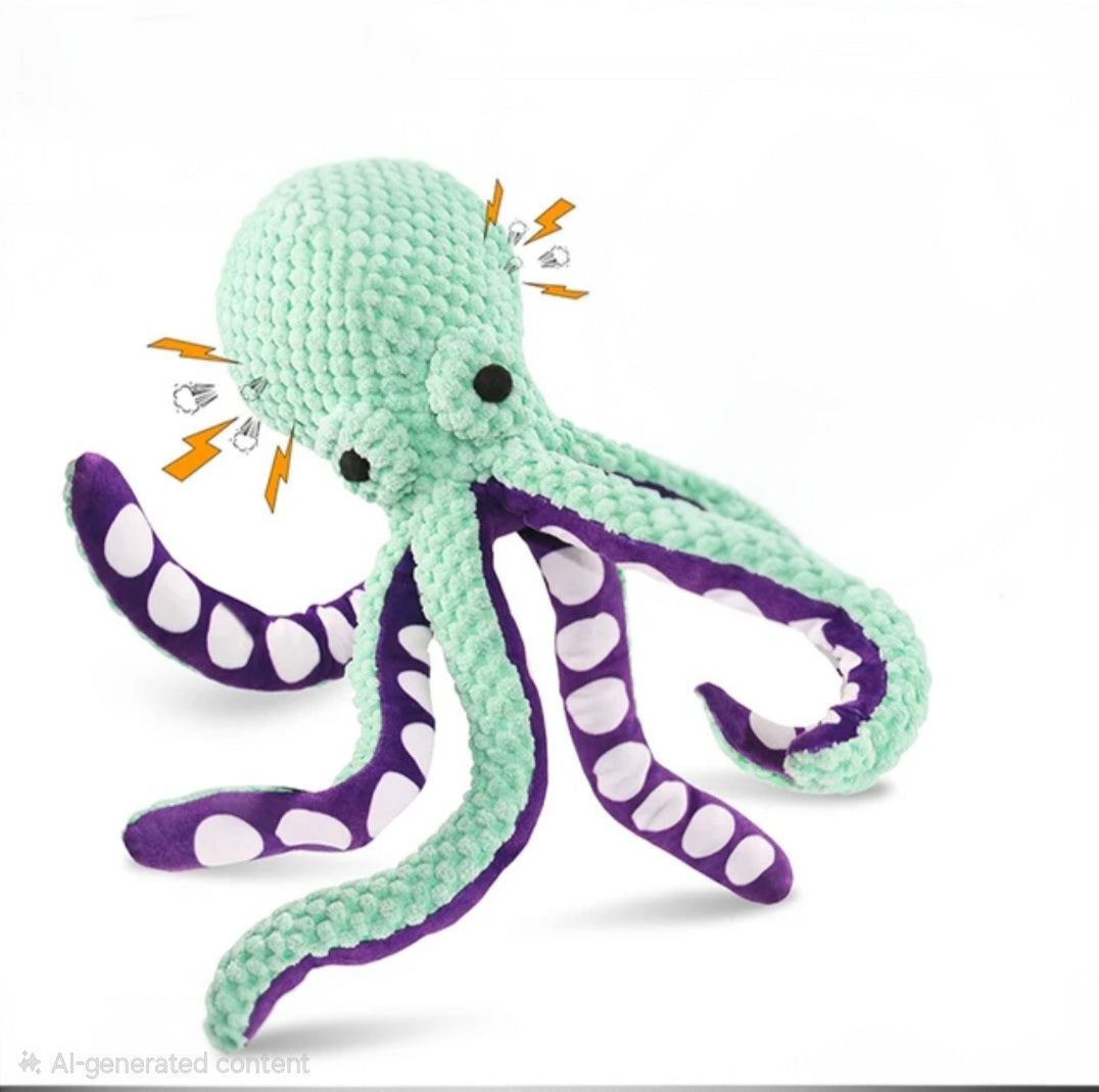 12" Plush Octopus Dog Toy with Squeaker Ball & Crinkle Legs