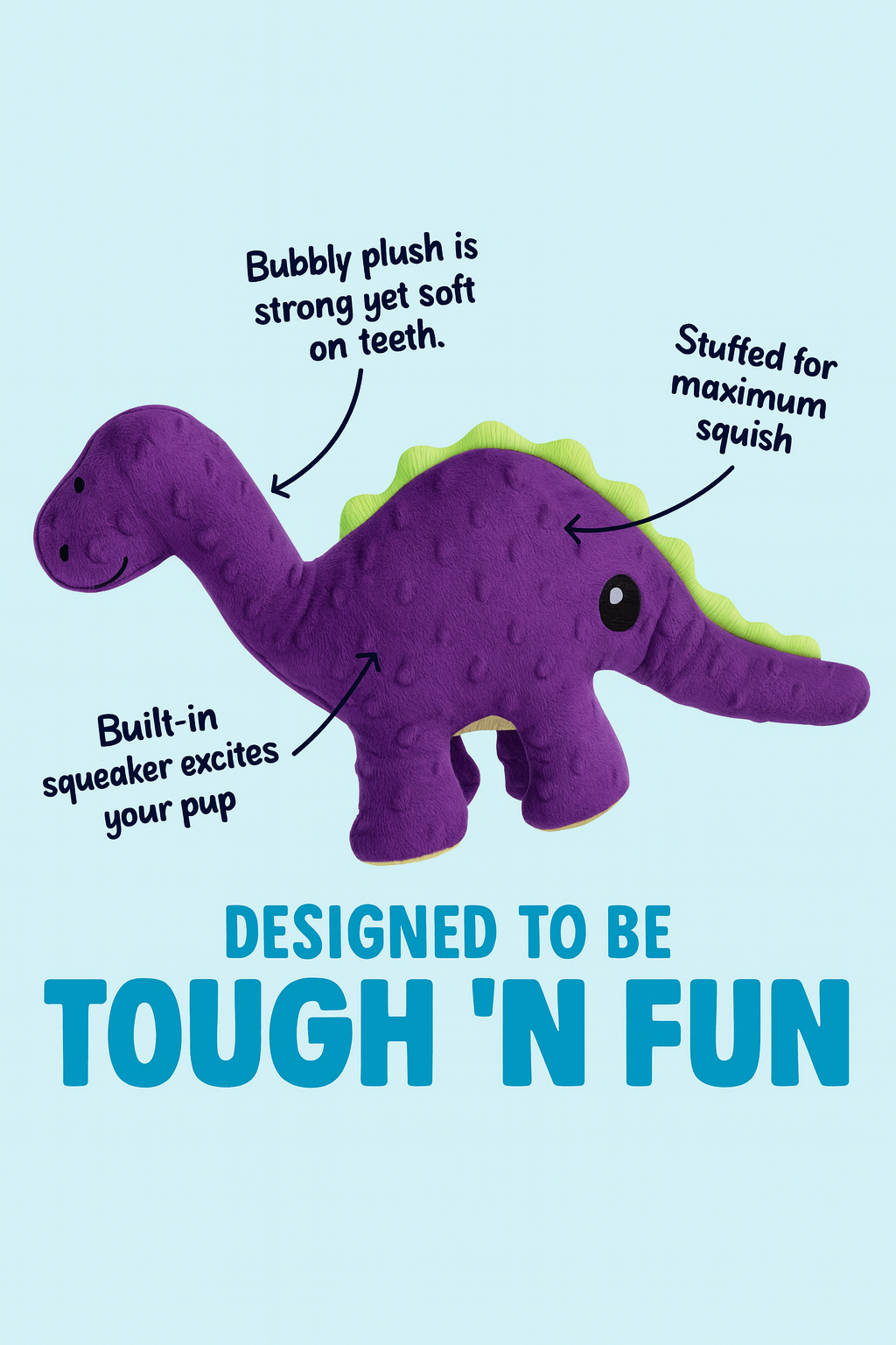 goDog Dinos Bruto Purple Plush Dog Toy – Chew Guard™ Durable Squeaky Toy (Small)
